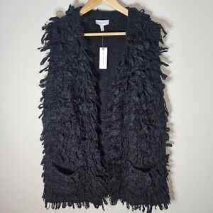 Anthropologie Harlyn Vera Textured Cardigan Vest Black Fuzzy NWT Small S